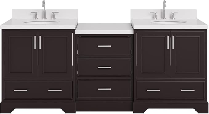 ARIEL Stafford 84-inch Bathroom Vanity with Sink,Solid Wood, 1.5in Pure White Quartz Countertop & Backsplash, Double Oval Porcelain Sink, 4 Soft Closing Doors, 5 Dovetail Drawers, Espresso