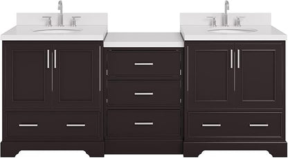 ARIEL Stafford 84-inch Bathroom Vanity with Sink,Solid Wood, 1.5in Pure White Quartz Countertop & Backsplash, Double Oval Porcelain Sink, 4 Soft Closing Doors, 5 Dovetail Drawers, Espresso