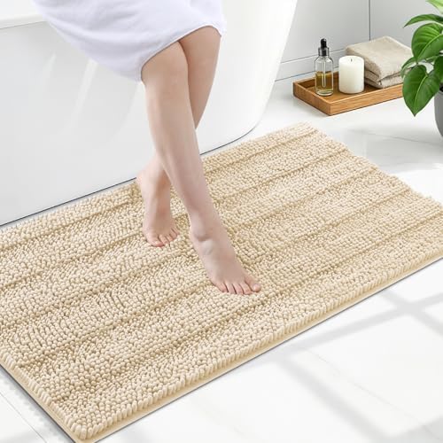 Grandaily Chenille Striped Bathroom Rugs 47x24, Extra Thick and Soft Absorbent Bath Mats, Rubber Backing, Plush Shaggy Shower Carpet, Machine Wash Dry, Bath Rug for Bathroom, Light Beige