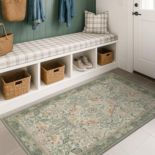 Boho Large Entryway Rugs Indoor - Sage Green 3x5 Washable Rugs for Kitchen Bedroom Beside Bed Laundry Room Door Mat Indoor Entrance with Light Green Woodland Flowers, Non Slip Stain Resistant Low Pile