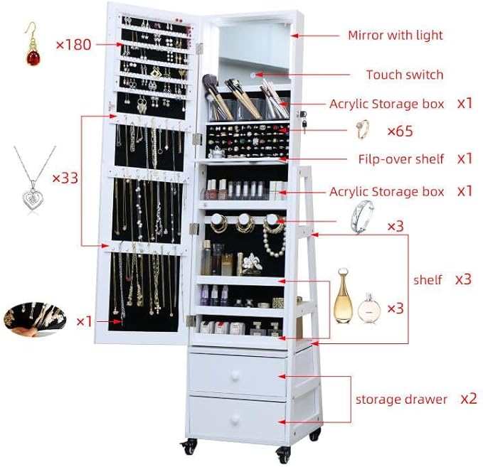 Jewelry Cabinet Standing Mirror with Drawers Jewelry Armoire Organizer | Full Length Mirror Jewelry Storage with Touch Screen Vanity Mirror with Lockable White Christmas Gift for Women