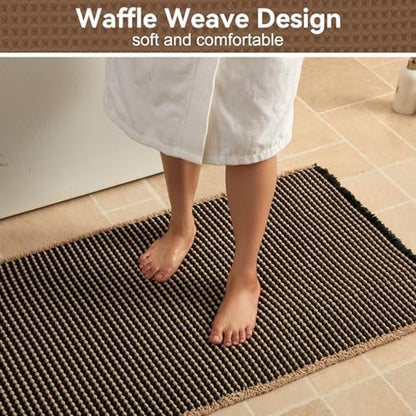 Triohero Waffle Bath Mat, Boho Bathroom Rugs Non Slip, 20x30 Black & Khaki