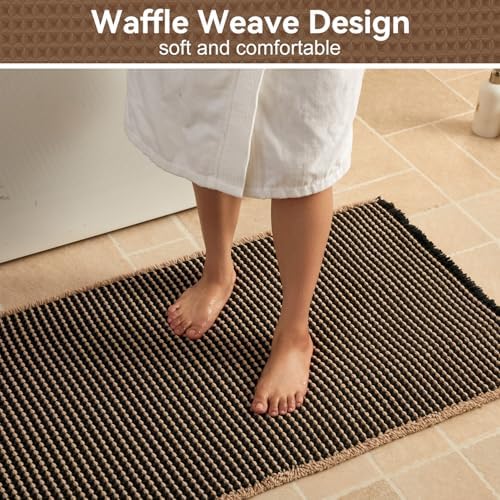 Triohero Waffle Bath Mat, Boho Bathroom Rugs Non Slip, 24x36 Black & Khaki