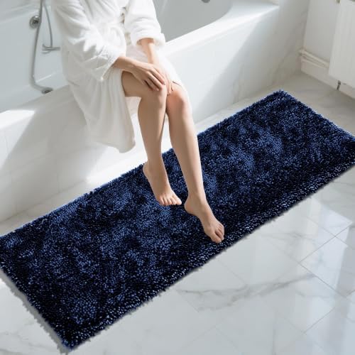 Yimobra Long Bathroom Rugs Runner 70x24 Inch, Extra Thick Soft Absorbent Chenille Bath Mat, Non Slip Machine Washable, Quick Dry Bath Rugs for Bathroom Floor, Tub and Shower, Navy Blue