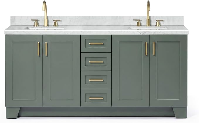 ARIEL Taylor 72-inch Bathroom Vanity with Sink,Solid Wood, 1.5-inch Italian Carrara Marble Countertop, Double Rectangular Porcelain Sink, Soft Closing Doors, Dovetail Drawers, Vintage Green