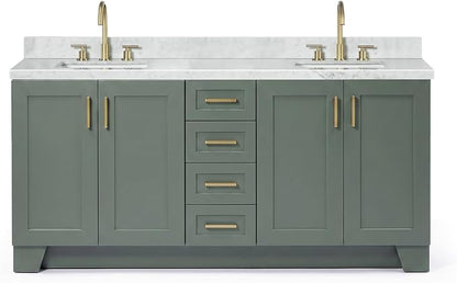 ARIEL Taylor 72-inch Bathroom Vanity with Sink,Solid Wood, 1.5-inch Italian Carrara Marble Countertop, Double Rectangular Porcelain Sink, Soft Closing Doors, Dovetail Drawers, Vintage Green