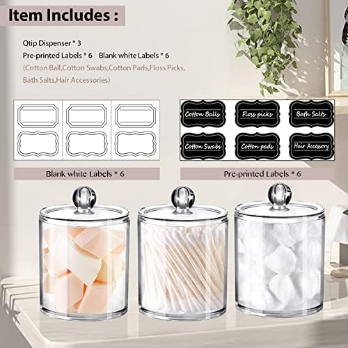 SheeChung 3 Pack Acrylic Qtip Holder with Labels, Qtip Jars for Bathroom