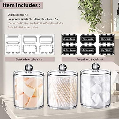 SheeChung 3 Pack Acrylic Qtip Holder with Labels, Qtip Jars for Bathroom
