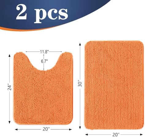OLANLY Chenille Bathroom Rugs Mats Sets 2 Piece, 30"x20"+24"x20", Orange