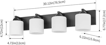 mirrea 4-Light Black Bathroom Vanity Light with White Glass Shades | makeup vanity illumination grooming station light over-sink wall lamp renovate remodel refresh decorate