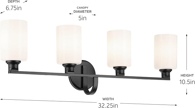 Kichler Gioe 32.25" 4-Light Vanity Light with Opal Glass in Black, Damp Rated, for Bathroom, Powder Room, Over a Mirror, (32.25" W x 10.5" H), 55227BK