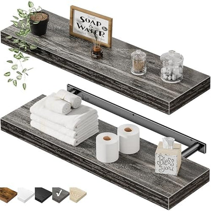 QEEIG Floating Shelves for Wall 23.6" Long - Wall Mounted Shelf Bathroom Kitchen Living Room Bedroom Farmhouse Home Decor Display Bookshelf Large 23.6 x 9.3 inch Set of 2, Grey (008-60GY)