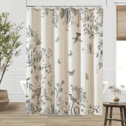 ORTIGIA Linen Shower Curtain Farmhouse Vintage Cottagecore Black Birds Floral Shower Curtains Spring Summer Boho Rustic Decor for Bathroom 72 W x 72 L