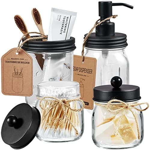 Amolliar Mason Jar Bathroom Accessories Set, 4Pcs Glass Bathroom Set, Black