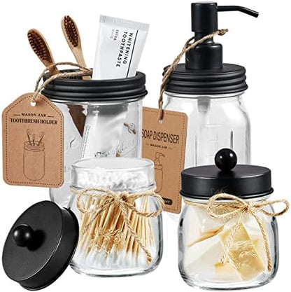 Amolliar Mason Jar Bathroom Accessories Set, 4Pcs Glass Bathroom Set, Black