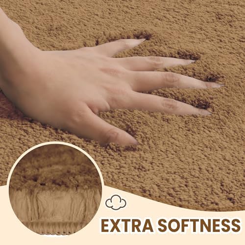 TECHMILLY Fluffy Bathroom Rug Mat 32x20, Absorbent Thick Non Slip Microfiber Mats, Quick Dry Machine Washable Bath Rug for Bathroom Floor, Bathtub and Shower, Tan