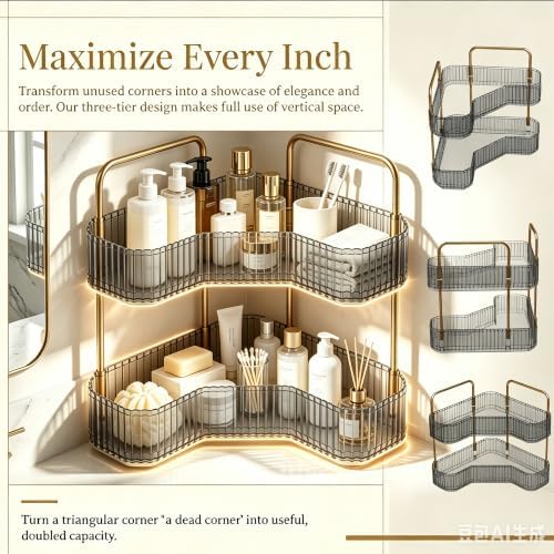 2-Tier Corner Bathroom Organizer, Skincare Vanity Counter Shelf Grey