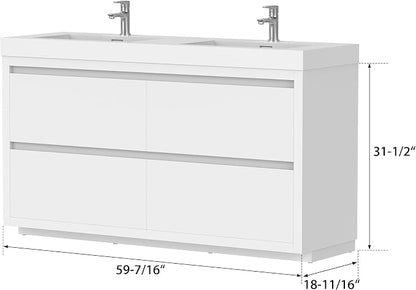 Vanity Art 60 Inch Double Sinks Floor Standing Bathroom Vanity Set 2 Drawers Storage Cabinet with White Engineered Stone Top Undermount Rectangle Sinks High-Glossy Finish