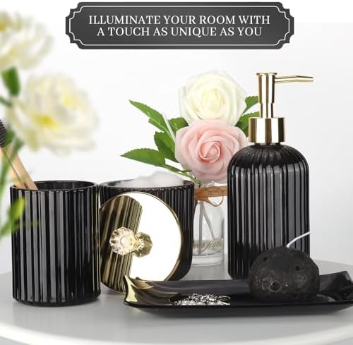 Designer Black Glass Bathroom Accessories Sets - 4 Pcs with Lotion Soap Dispenser, Bathroom Toothbrush Holder, Vanity Tray, and Apothecary Jar, Vintage Bathroom Decor, Gift Countertop Organizer