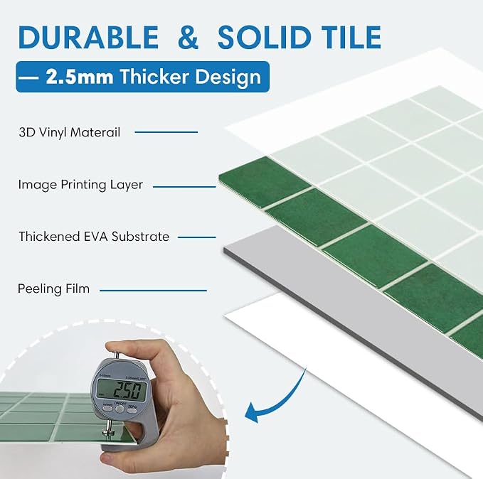 Thicker Peel and Stick 3D Backsplash Tiles Kitchen Bathroom | Green, 10 Pcs 12" x 12", Glossy Self Adhesive Decorative Vinyl Backsplash Wall Sticker, Cover 10 sq ft，Removable，Waterproof