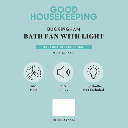 Good Housekeeping 90064 Buckingham Decorative Bathroom Ventilation Exhaust Fan with Light and Nightlight, Medium, Brushed Nickel