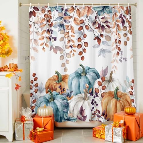 Shower Curtain Bathroom Set Fall Thanksgiving Pumpkin Orange Eucalyptus Leaf Waterproof Shower Curtains with Grommets Hooks Autumn Fallen Leaves Privacy Bath Curtain for Bathtub Decor 36x72in