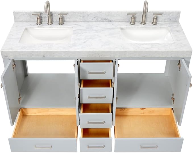 ARIEL Cambridge 60-inch Bathroom Vanity with Sink,Solid Wood, 2-inch Italian Carrara Marble Countertop, Double Rectangular Porcelain Sink, 4 Soft Closing Doors, 6 Dovetail Drawers, Grey
