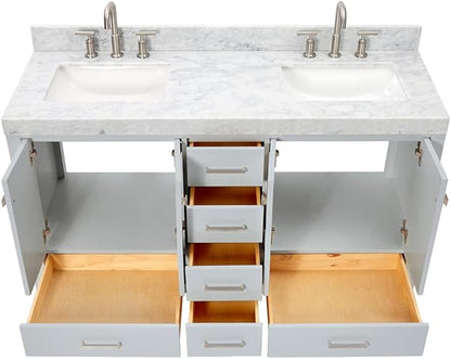 ARIEL Cambridge 60-inch Bathroom Vanity with Sink,Solid Wood, 2-inch Italian Carrara Marble Countertop, Double Rectangular Porcelain Sink, 4 Soft Closing Doors, 6 Dovetail Drawers, Grey
