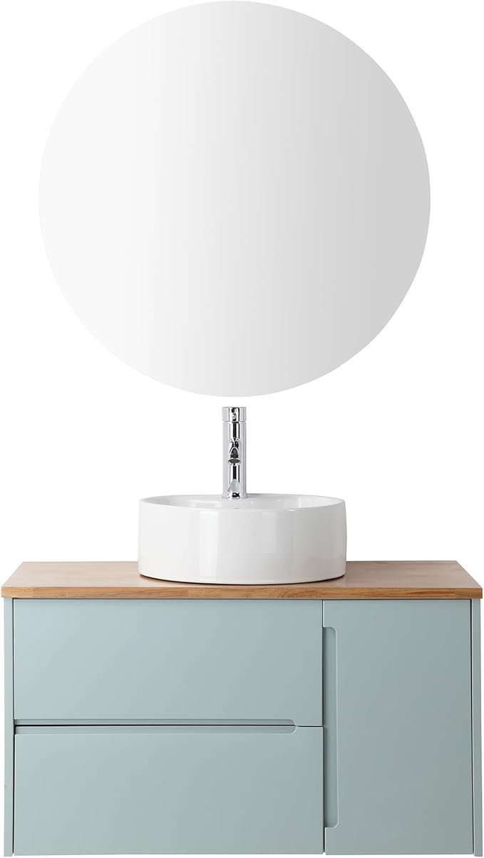 36 inch Bathroom Vanity with Sink and Solid Wood Countertop, Wall Mounted Bathroom Vanity Cabinet with 2 Drawers & 1 Door, Modern Floating Bathoom Vanity Set Include Round Ceramic Basin Sink & Mirror