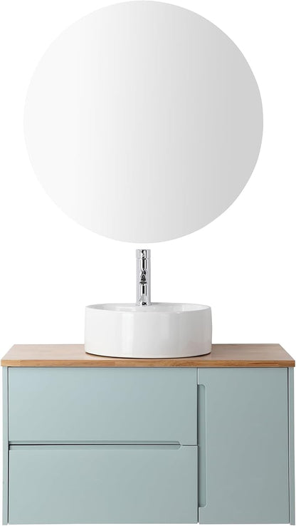 36 inch Bathroom Vanity with Sink and Solid Wood Countertop, Wall Mounted Bathroom Vanity Cabinet with 2 Drawers & 1 Door, Modern Floating Bathoom Vanity Set Include Round Ceramic Basin Sink & Mirror