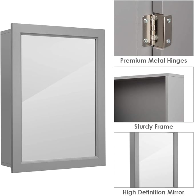 LDAILY LUARANE Bathroom Medicine Cabinet with Mirror, Wall Mounted Mirror Cabinet with Adjustable Shelf, Storage Organizer Cabinet for Bathroom Room Living Room Entryway (Grey)