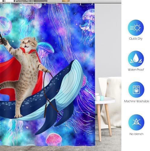 Aimego Long Funny Shower Curtain - Cute Cat Riding Whale on Space Galaxy Fantasy Jellyfish Fabric Cloth Shower Curtain Set with 12 Hooks for Kids Bathroom Decor Accessories Bathtub Curtain, 72"x78"