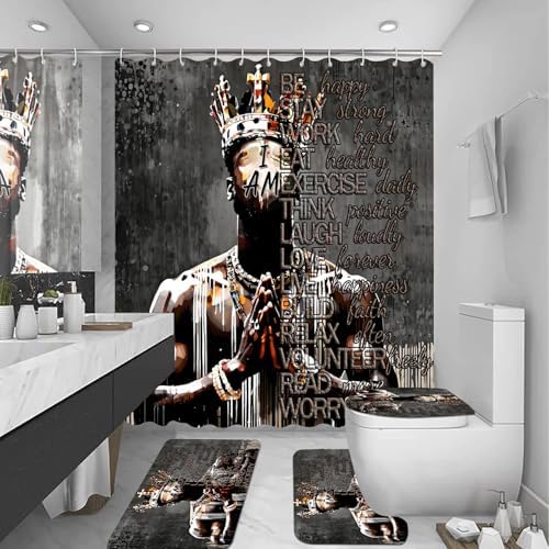 4Pcs Cool Black King Shower Curtain Set with Shower Curtain and Rug Toilet Lid Cover Bath Mat, Inspirational Quote African American King Fathers Day Bathroom Decor Shower Curtains for Man