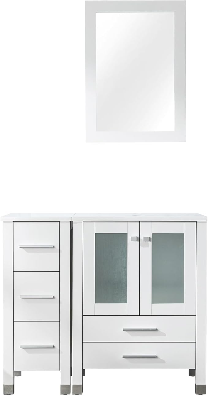LUCKWIND 36" Bathroom Vanity with Sink Combo, 24-inch Main Cabinet with 12.6-inch Side Cabinet, Painted Bathroom Storage Cabinet with 5 Drawers, Including White Rectangle Sink Without Mirror, White
