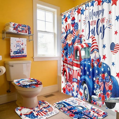 FuWeave 8 Pcs 4th of July Shower Curtain Set, Patriotic Gnome & Truck Bathroom Decor, 250th Anniversary White Red Blue American Flag, Includes Towels, Non-Slip Rugs, Toilet Lid Cover & 12 Hooks