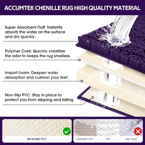 Upgrade Luxury 2 Piece Dark Purple Toilet Bathroom Rug Mat U Shape 24"x20"+48"x20", Ultra Soft Thick Absorbent Bath Mats, Non Slip Chenille Toilet Mat for Bathroom, Bedroom, Kitchen, Shower, Tub