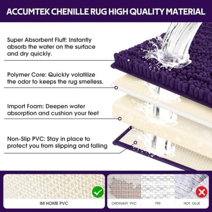 Upgrade Luxury 2 Piece Dark Purple Toilet Bathroom Rug Mat U Shape 24"x20"+48"x20", Ultra Soft Thick Absorbent Bath Mats, Non Slip Chenille Toilet Mat for Bathroom, Bedroom, Kitchen, Shower, Tub