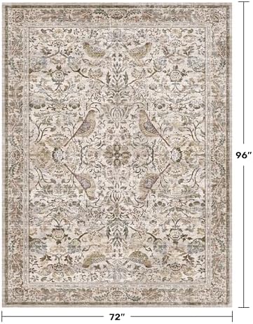 Washable 6x8 Floral Area Rug for Living Room, Boho Farmhouse Dining Room Rug, Low Pile Soft Bedroom Carpet, Moss Beige Home Décor, Non Slip & Stain Resistant