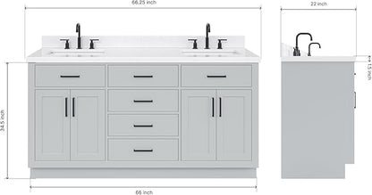 ARIEL Hepburn 66-inch Bathroom Vanity with Sink,Solid Wood, 1.5-inch Carrara White Quartz Countertop & Backsplash, Double Rectangular Porcelain Sink, 4 Soft Closing Doors, 6 Dovetail Drawers, Grey