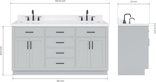 ARIEL Hepburn 66-inch Bathroom Vanity with Sink,Solid Wood, 1.5-inch Carrara White Quartz Countertop & Backsplash, Double Rectangular Porcelain Sink, 4 Soft Closing Doors, 6 Dovetail Drawers, Grey