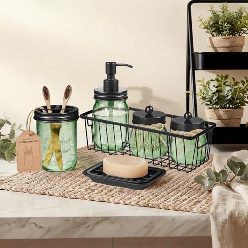 SheeChung Mason Jar Bathroom Accessories Set, 6Pcs Green Glass Bathroom Set