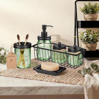 SheeChung Mason Jar Bathroom Accessories Set, 6Pcs Green Glass Bathroom Set