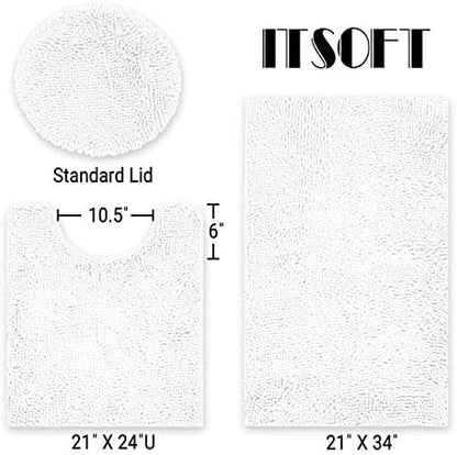 ITSOFT Standard 3pc Non-Slip Shaggy Chenille Bathroom Mat Set, Includes 24"x21" U-Shaped Contour Toilet Rug, 34"x 21" Bathmat and 1 Toilet Lid Cover, White