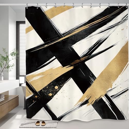Abstract Modern Minimalist Shower Curtain 60Wx72L Inch Black Gold Neutral Contemporary Art Aesthetic Simple Bathroom Set Accessories Decor with 12 Pack Hooks