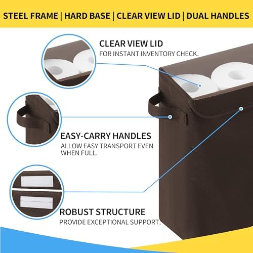 Cupic Cupid Toilet Paper Storage Baskets, Bathroom Toilet Paper Storage with Lid, Holds 12 Regular or 9 Mega Rolls, Slim Toilet Tissue Holder Basket with Clear PVC Lid and Handles, Brown