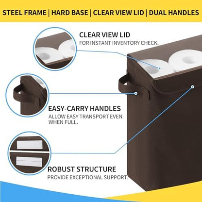 Cupic Cupid Toilet Paper Storage Baskets, Bathroom Toilet Paper Storage with Lid, Holds 12 Regular or 9 Mega Rolls, Slim Toilet Tissue Holder Basket with Clear PVC Lid and Handles, Brown
