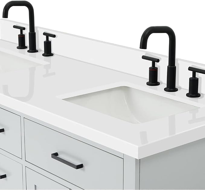 ARIEL Hepburn 60-inch Bathroom Vanity with Sink,Solid Wood, 1.5-inch Pure White Quartz Countertop & Backsplash, Double Rectangular Porcelain Sink, 4 Soft Closing Doors, 6 Dovetail Drawers, Grey