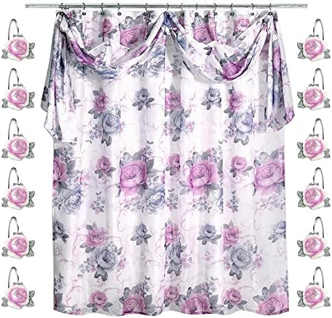 Zahari Home 13pc Michelle Bathroom Shower Curtain Sets Shower Curtain & 12 Shower Bathroom Hooks Modern Classic Luxury Contemporary Decor Floral Shower Curtain Stylish Bath Sets
