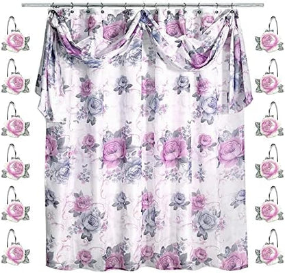 Zahari Home 13pc Michelle Bathroom Shower Curtain Sets Shower Curtain & 12 Shower Bathroom Hooks Modern Classic Luxury Contemporary Decor Floral Shower Curtain Stylish Bath Sets