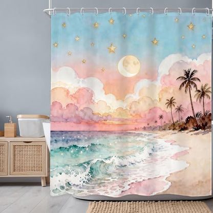 Ocean Blue Sea Watercolor Cloud Pink Waves Bathroom Shower Curtain Set